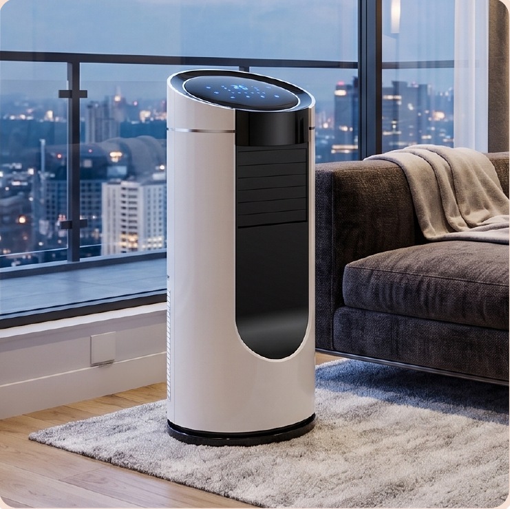 Appareil colonne KLF-12000R blanc et noir devant une baie vitrée